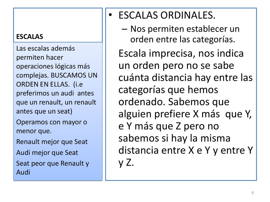 ESCALAS ESCALAS ORDINALES. Nos permiten establecer un orden entre las categorías.