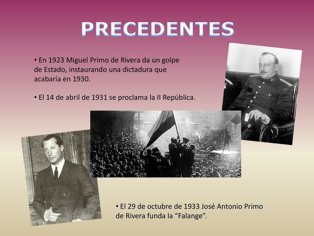 PRECEDENTES En 1923 Miguel Primo de Rivera da un golpe de Estado, instaurando una dictadura que acabaría en