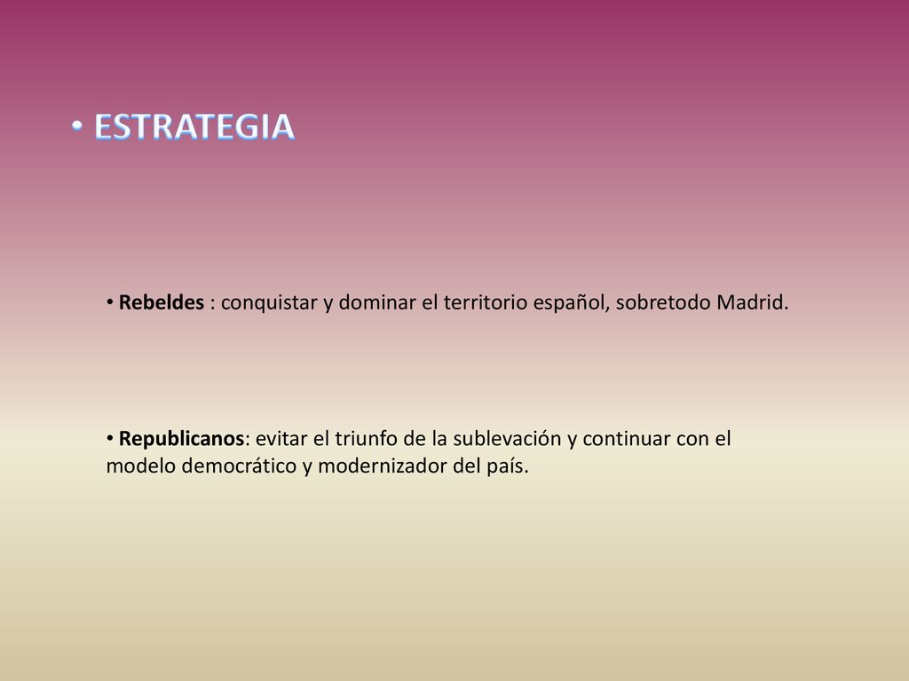ESTRATEGIA Rebeldes : conquistar y dominar el territorio español, sobretodo Madrid.