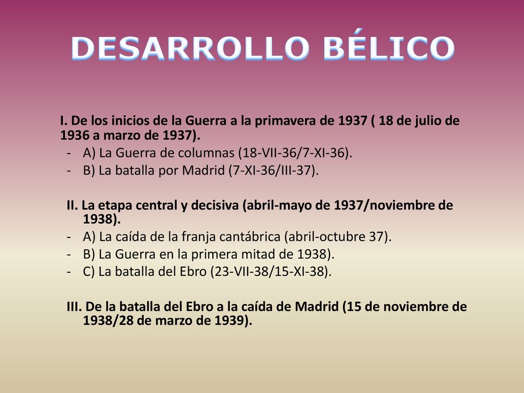 DESARROLLO BÉLICO I. De los inicios de la Guerra a la primavera de 1937 ( 18 de julio de 1936 a marzo de 1937).