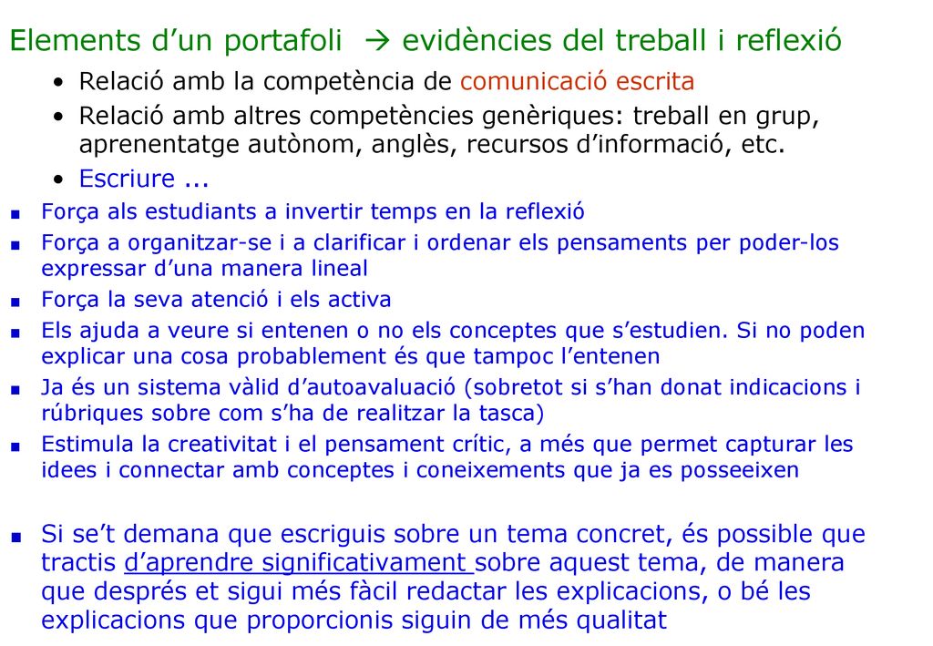 Elements d’un portafoli  evidències del treball i reflexió