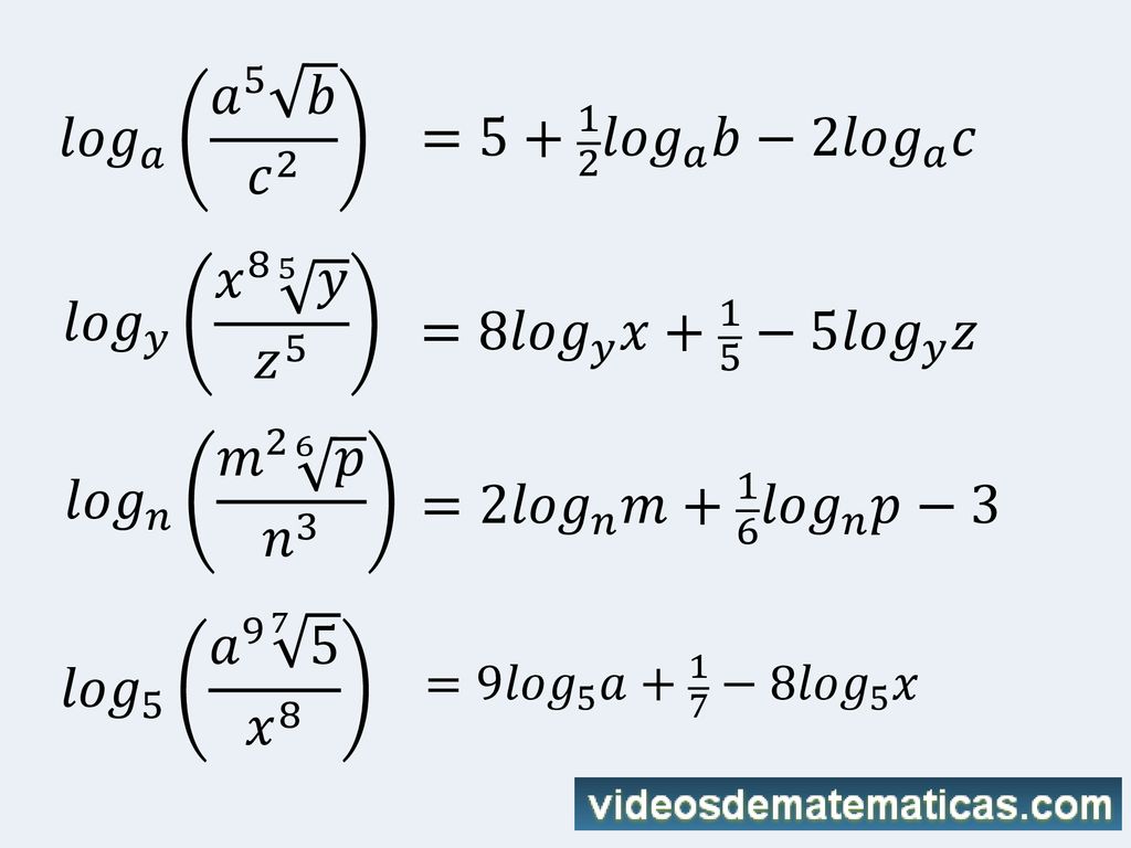 𝑙𝑜𝑔 𝑎 𝑎 5 𝑏 𝑐 2 = 𝑙𝑜𝑔 𝑎 𝑏−2 𝑙𝑜𝑔 𝑎 𝑐 𝑙𝑜𝑔 𝑦 𝑥 8 5 𝑦 𝑧 5