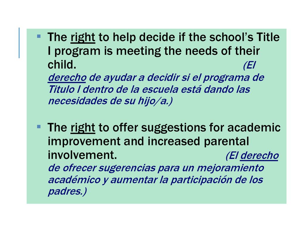 The right to help decide if the school’s Title I program is meeting the needs of their child. (El derecho de ayudar a decidir si el programa de Titulo I dentro de la escuela está dando las necesidades de su hijo/a.)
