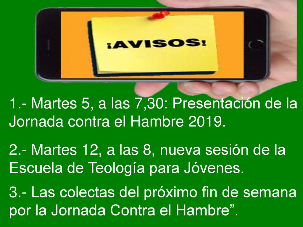 1.- Martes 5, a las 7,30: Presentación de la Jornada contra el Hambre 2019.