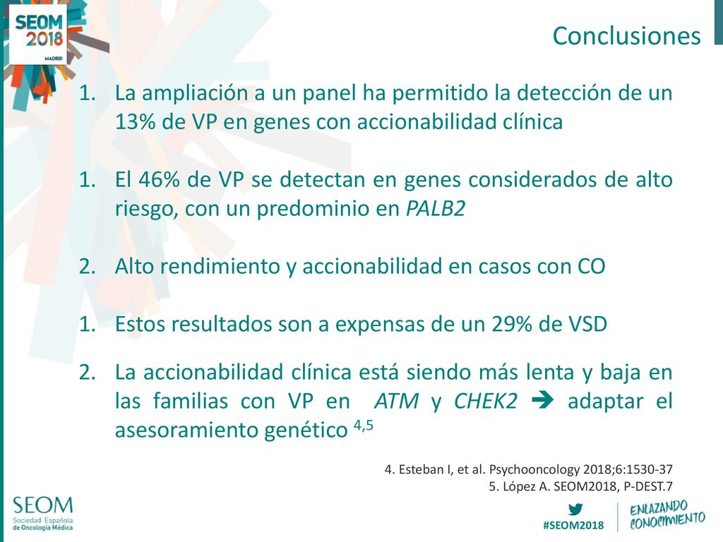 Conclusiones La ampliación a un panel ha permitido la detección de un 13% de VP en genes con accionabilidad clínica.
