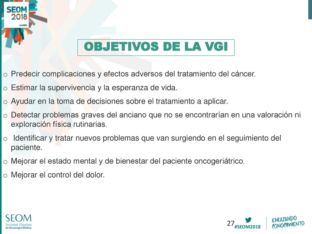 OBJETIVOS DE LA VGI Predecir complicaciones y efectos adversos del tratamiento del cáncer. Estimar la supervivencia y la esperanza de vida.