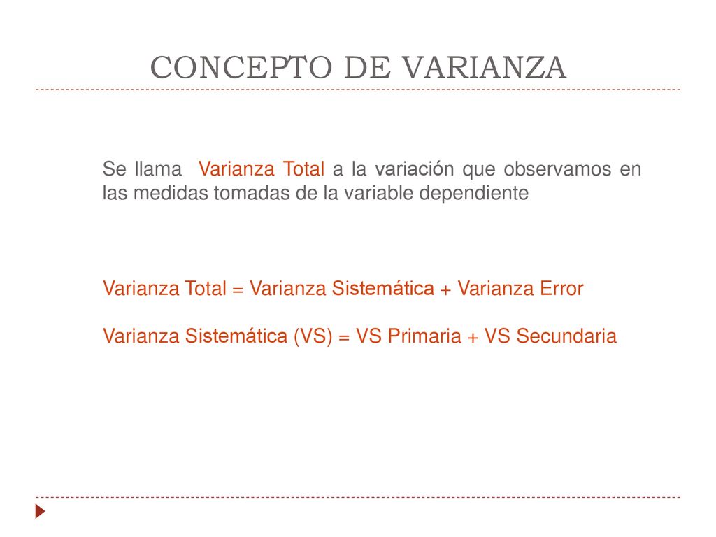 CONCEPTO DE VARIANZA Se llama Varianza Total a la variación que observamos en las medidas tomadas de la variable dependiente.