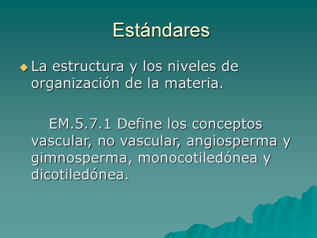Estándares La estructura y los niveles de organización de la materia.