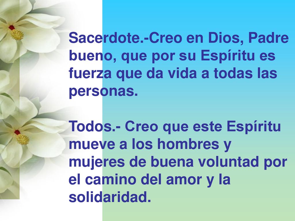 Sacerdote.-Creo en Dios, Padre bueno, que por su Espíritu es fuerza que da vida a todas las personas.