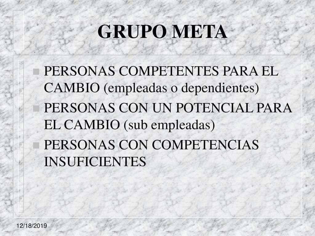 GRUPO META PERSONAS COMPETENTES PARA EL CAMBIO (empleadas o dependientes) PERSONAS CON UN POTENCIAL PARA EL CAMBIO (sub empleadas)