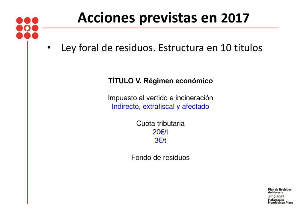 Acciones previstas en 2017 Ley foral de residuos. Estructura en 10 títulos. TÍTULO V. Régimen económico.