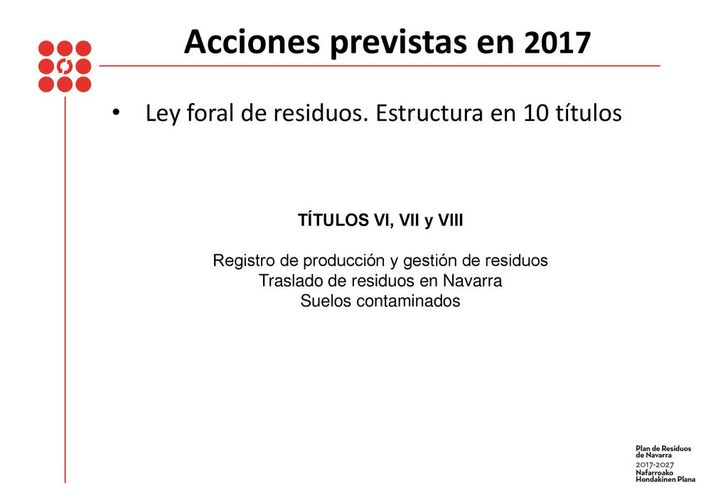 Acciones previstas en 2017 Ley foral de residuos. Estructura en 10 títulos. TÍTULOS VI, VII y VIII.