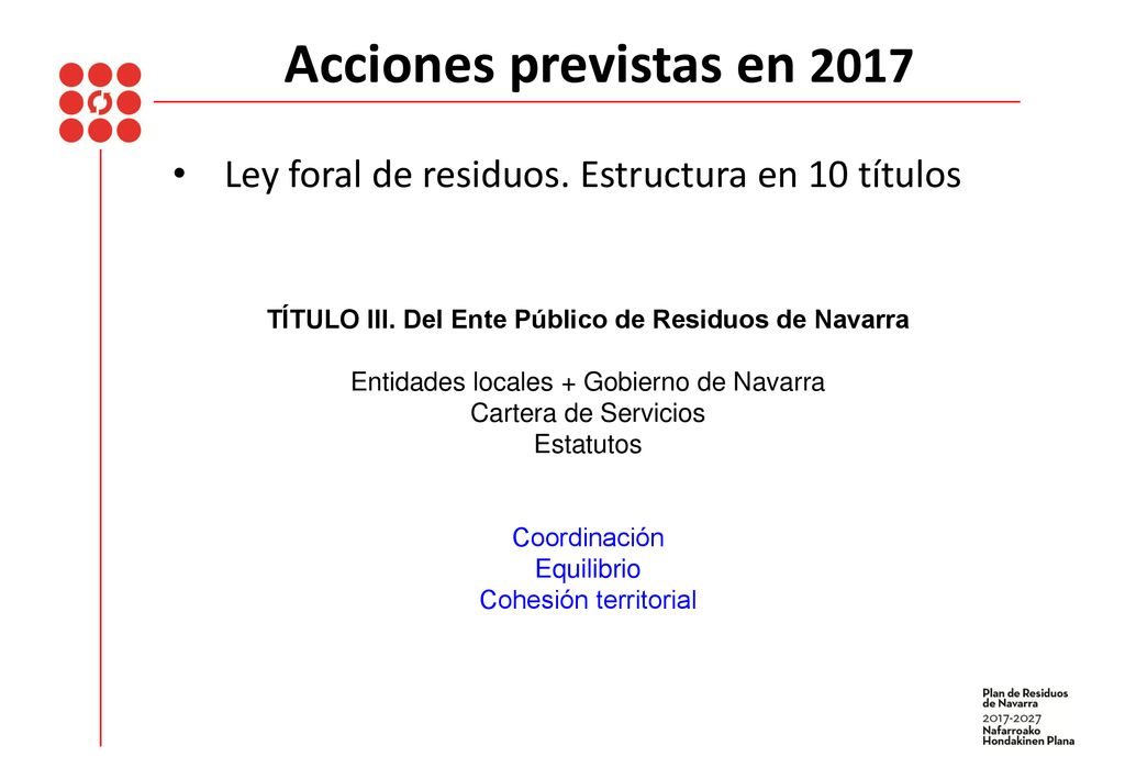 Acciones previstas en 2017 Ley foral de residuos. Estructura en 10 títulos. TÍTULO III. Del Ente Público de Residuos de Navarra.