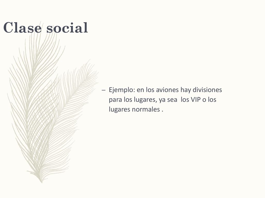 Clase social Ejemplo: en los aviones hay divisiones para los lugares, ya sea los VIP o los lugares normales .