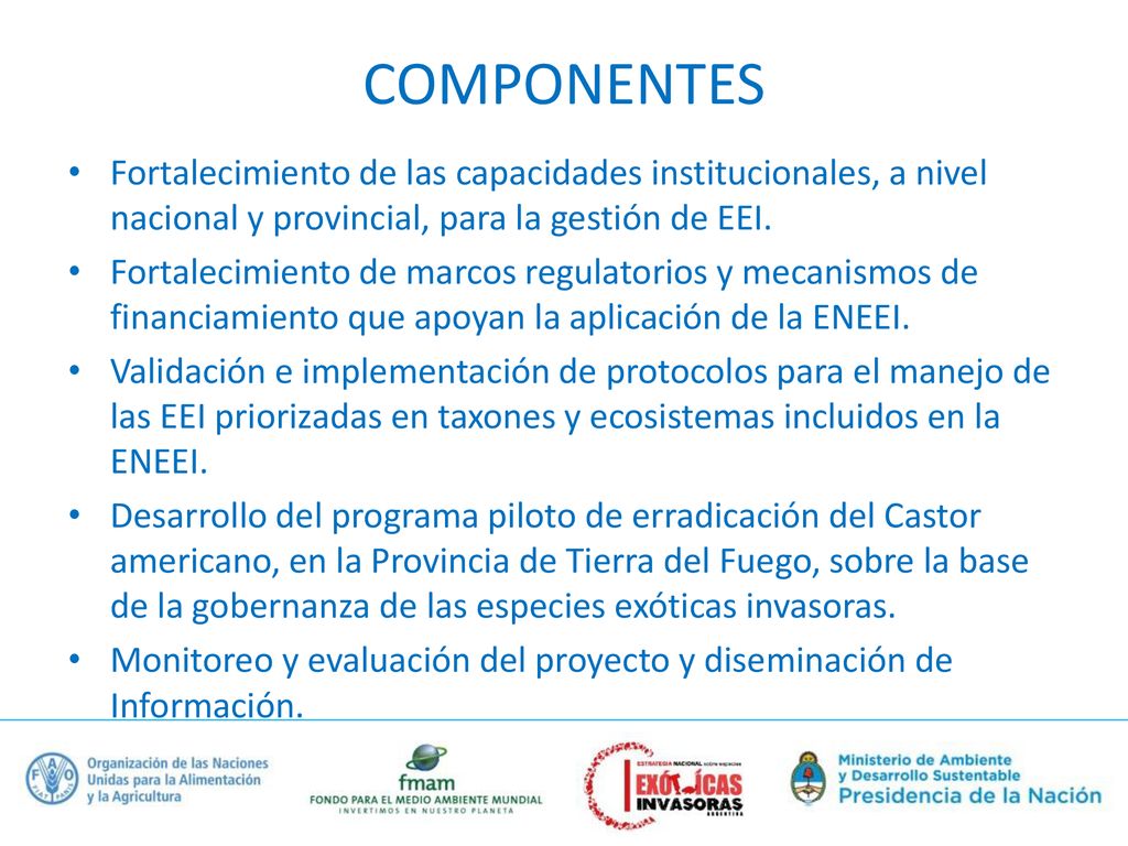 COMPONENTES Fortalecimiento de las capacidades institucionales, a nivel nacional y provincial, para la gestión de EEI.