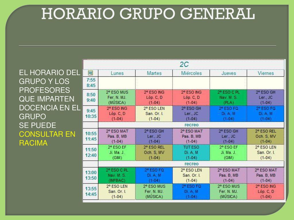 HORARIO GRUPO GENERAL EL HORARIO DEL GRUPO Y LOS PROFESORES QUE IMPARTEN DOCENCIA EN EL GRUPO.