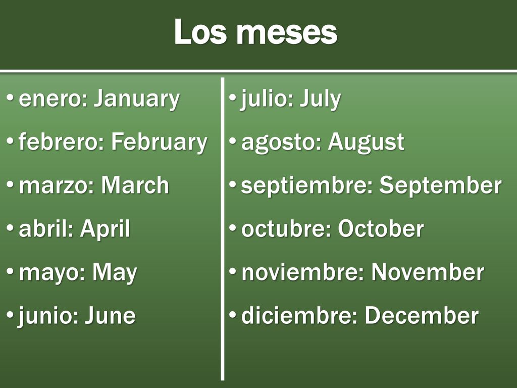 Los meses enero: January febrero: February marzo: March abril: April