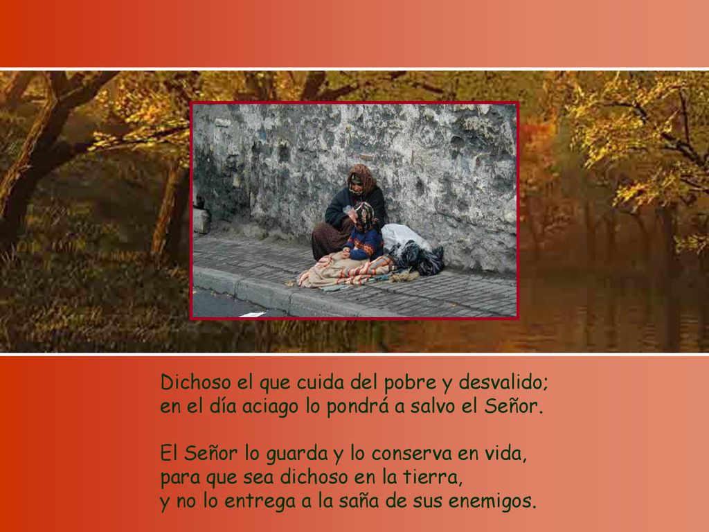 Dichoso el que cuida del pobre y desvalido; en el día aciago lo pondrá a salvo el Señor.