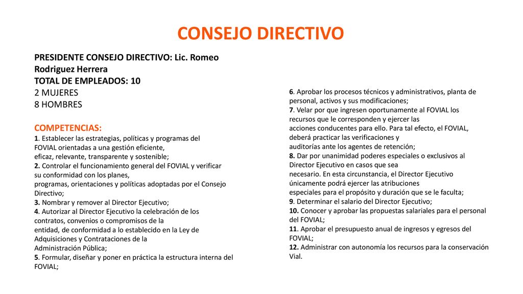 CONSEJO DIRECTIVO PRESIDENTE CONSEJO DIRECTIVO: Lic. Romeo Rodriguez Herrera. TOTAL DE EMPLEADOS: 10.