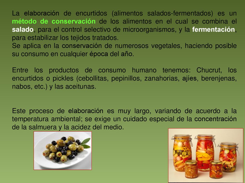 La elaboración de encurtidos (alimentos salados-fermentados) es un método de conservación de los alimentos en el cual se combina el salado, para el control selectivo de microorganismos, y la fermentación, para estabilizar los tejidos tratados.