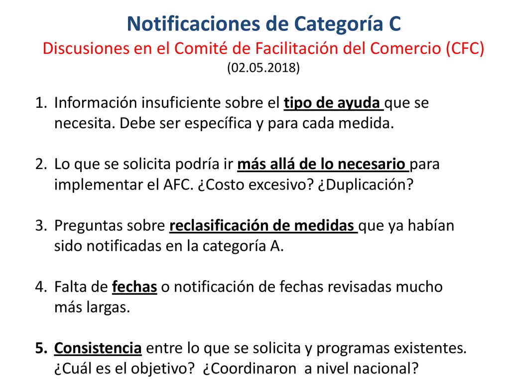 Notificaciones de Categoría C Discusiones en el Comité de Facilitación del Comercio (CFC) ( )