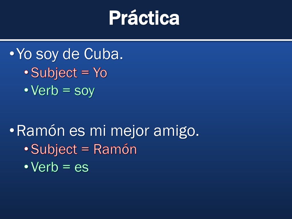 Práctica Yo soy de Cuba. Ramón es mi mejor amigo. Subject = Yo