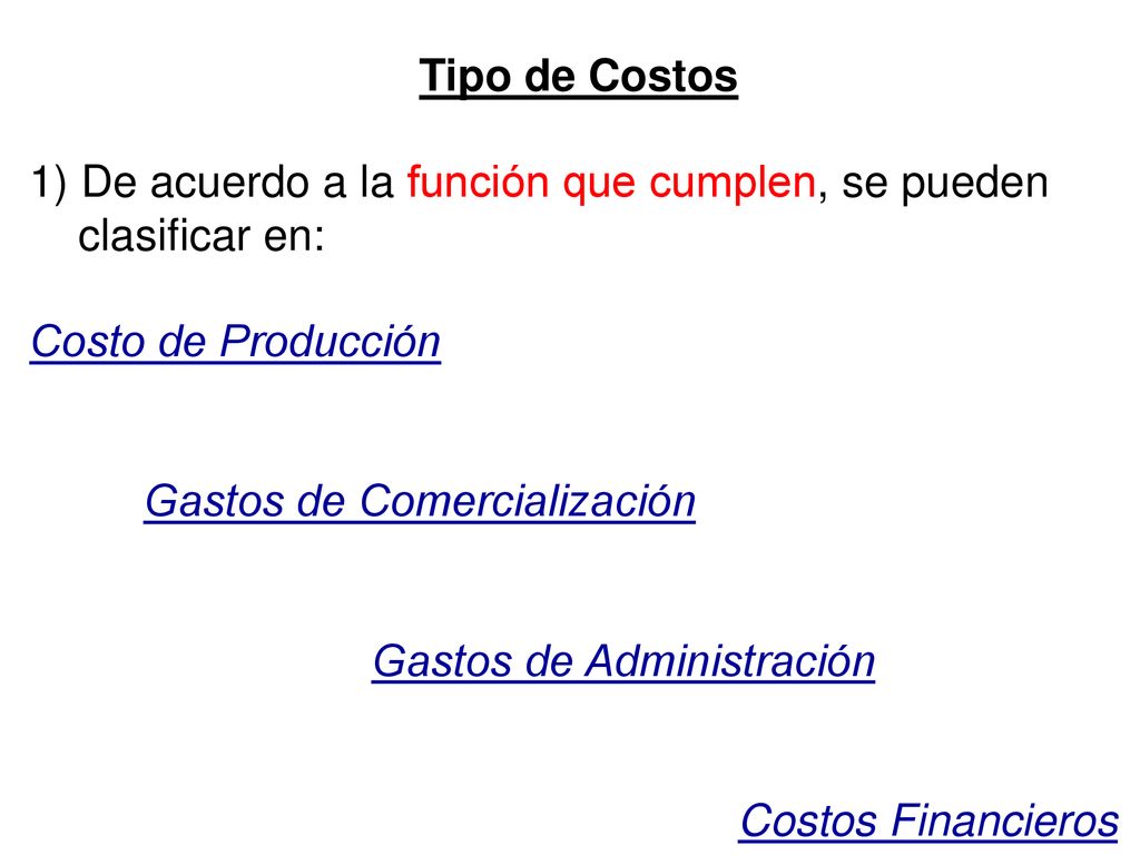 Tipo de Costos 1) De acuerdo a la función que cumplen, se pueden. clasificar en: Costo de Producción.