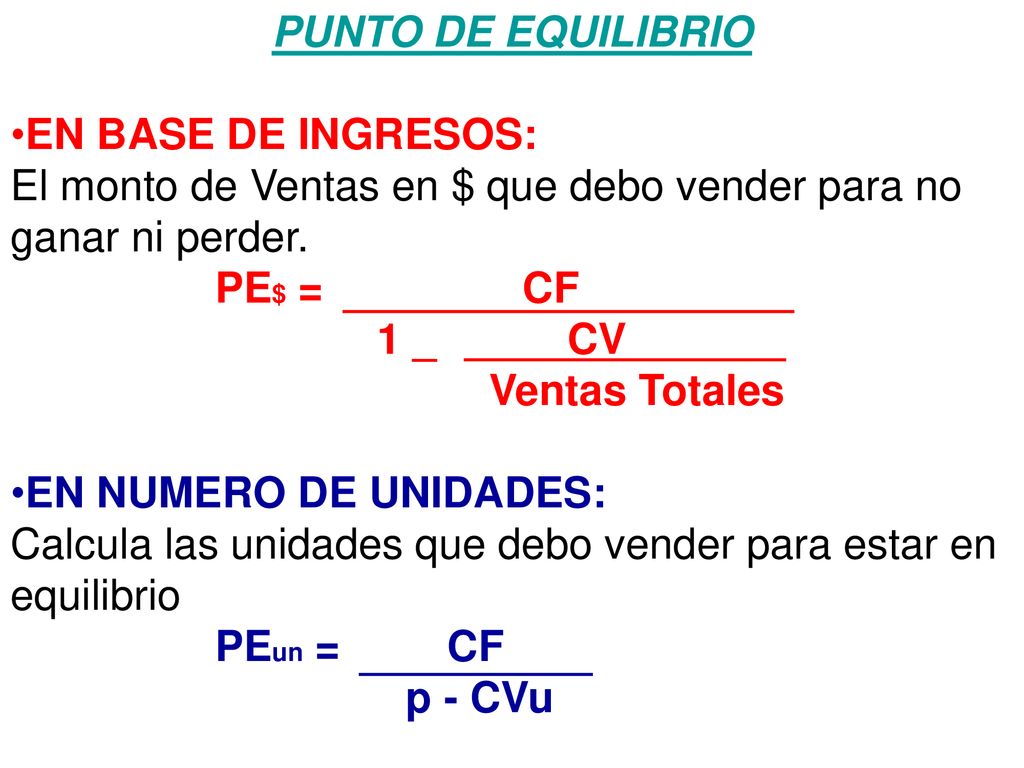 PUNTO DE EQUILIBRIO EN BASE DE INGRESOS: El monto de Ventas en $ que debo vender para no ganar ni perder.