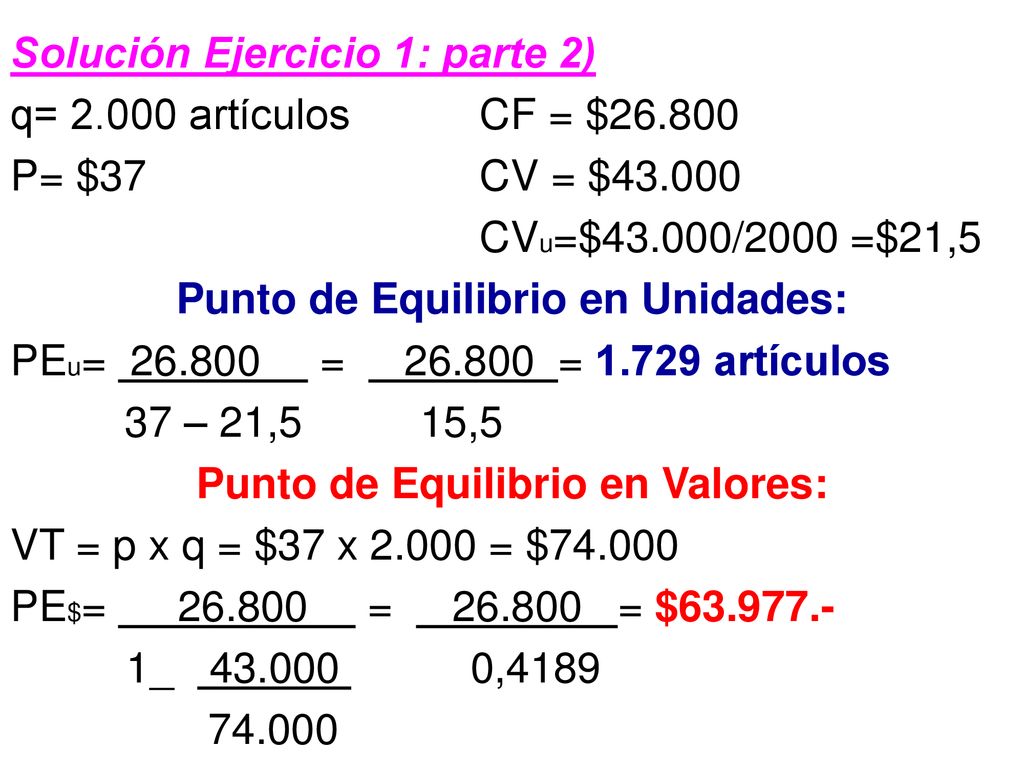 Punto de Equilibrio en Unidades: Punto de Equilibrio en Valores: