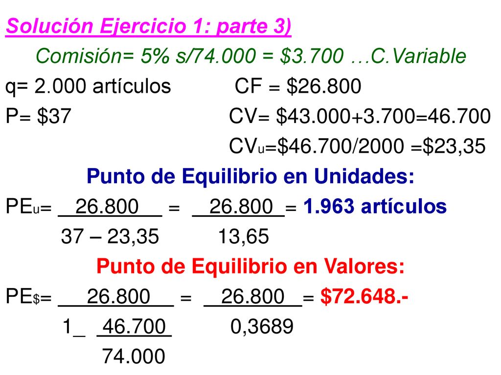 Punto de Equilibrio en Unidades: Punto de Equilibrio en Valores: