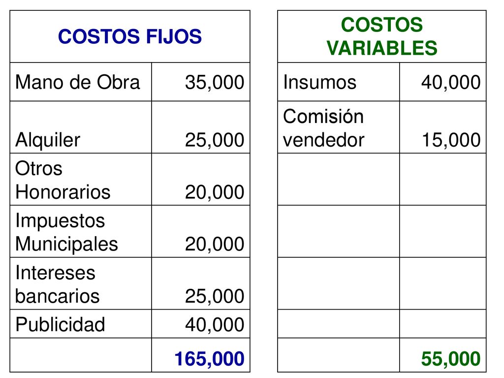 COSTOS FIJOS COSTOS VARIABLES. Mano de Obra. 35,000. Insumos. 40,000. Alquiler. 25,000. Comisión vendedor.