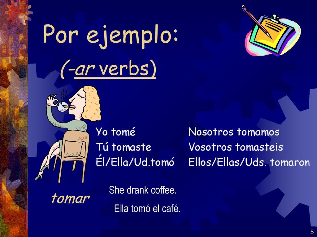 Por ejemplo: (-ar verbs) tomar Yo tomé Tú tomaste Él/Ella/Ud.tomó