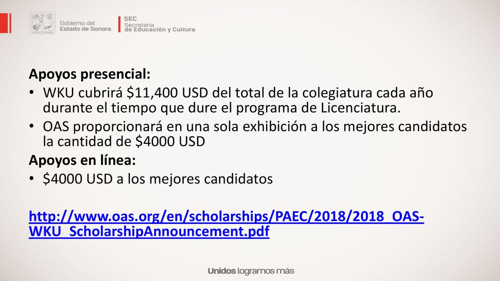 Apoyos presencial: WKU cubrirá $11,400 USD del total de la colegiatura cada año durante el tiempo que dure el programa de Licenciatura.