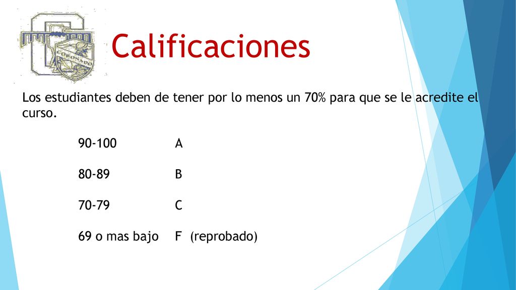 Calificaciones Los estudiantes deben de tener por lo menos un 70% para que se le acredite el curso.