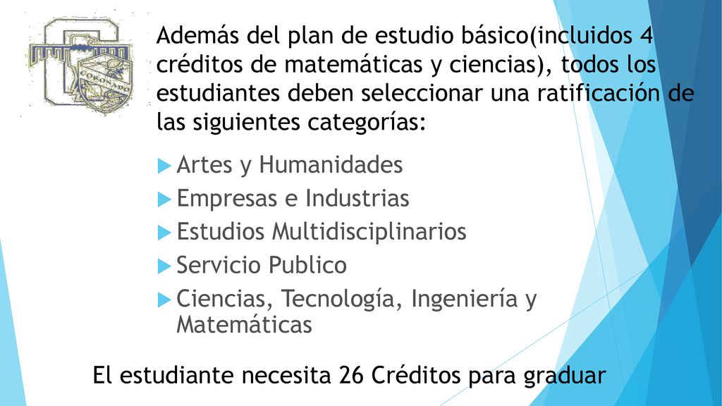 Además del plan de estudio básico(incluidos 4 créditos de matemáticas y ciencias), todos los estudiantes deben seleccionar una ratificación de las siguientes categorías: