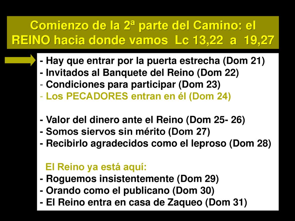 Comienzo de la 2ª parte del Camino: el REINO hacia donde vamos Lc 13,22 a 19,27