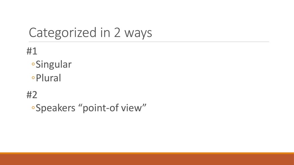 Categorized in 2 ways #1 Singular Plural #2 Speakers point-of view