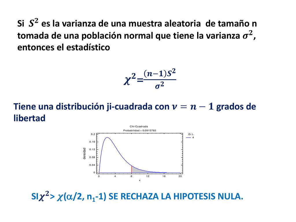 Si 𝑺 𝟐 es la varianza de una muestra aleatoria de tamaño n tomada de una población normal que tiene la varianza 𝝈 𝟐 , entonces el estadístico