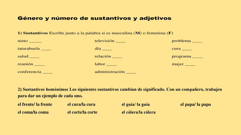 2) Sustantivos homónimos Los siguientes sustantivos cambian de significado. Con un compañero, trabajen para dar un ejemplo de cada uno.