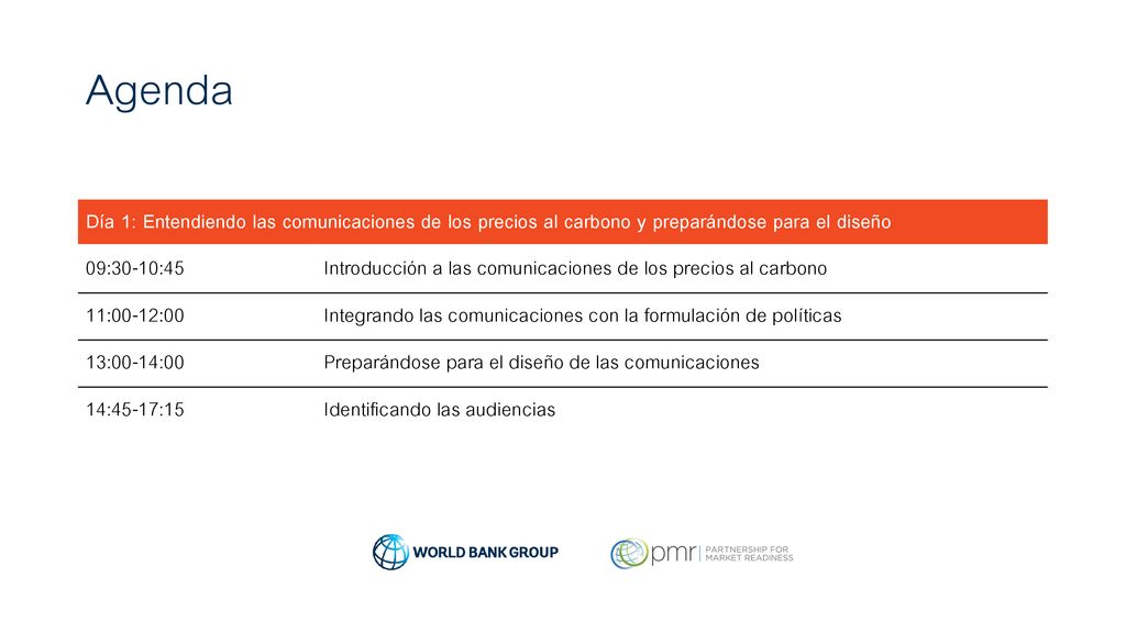 Agenda Día 1: Entendiendo las comunicaciones de los precios al carbono y preparándose para el diseño.