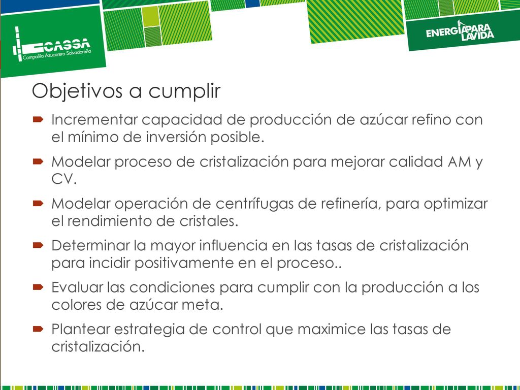 Objetivos a cumplir Incrementar capacidad de producción de azúcar refino con el mínimo de inversión posible.