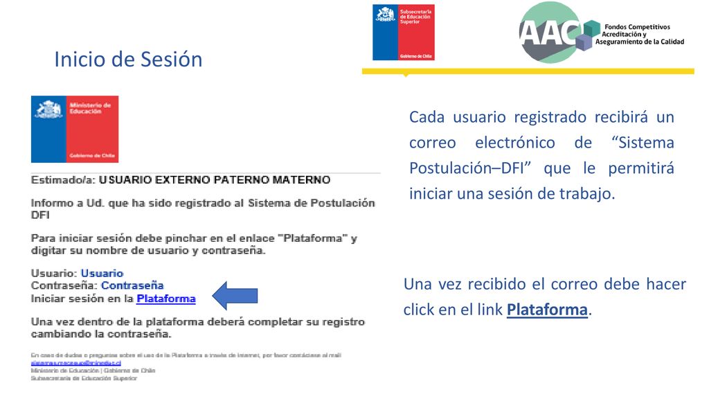 Inicio de Sesión Cada usuario registrado recibirá un correo electrónico de Sistema Postulación–DFI que le permitirá iniciar una sesión de trabajo.