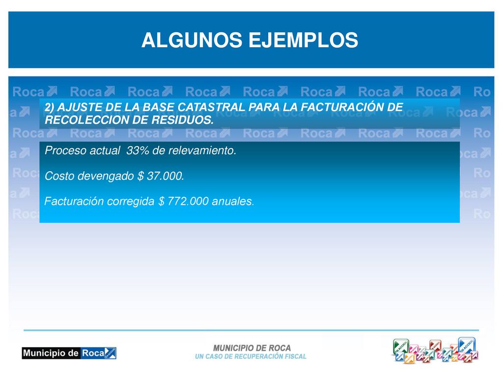 ALGUNOS EJEMPLOS 2) AJUSTE DE LA BASE CATASTRAL PARA LA FACTURACIÓN DE RECOLECCION DE RESIDUOS. Proceso actual 33% de relevamiento.