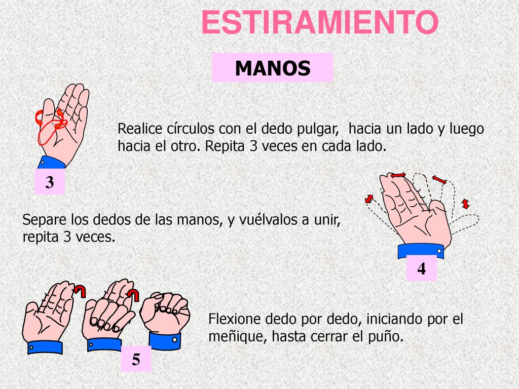 ESTIRAMIENTO MANOS. 3. Realice círculos con el dedo pulgar, hacia un lado y luego hacia el otro. Repita 3 veces en cada lado.