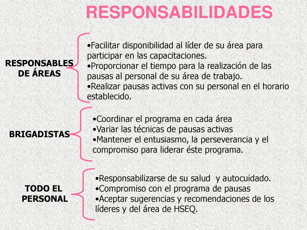 RESPONSABILIDADES RESPONSABLES DE ÁREAS. Facilitar disponibilidad al líder de su área para participar en las capacitaciones.