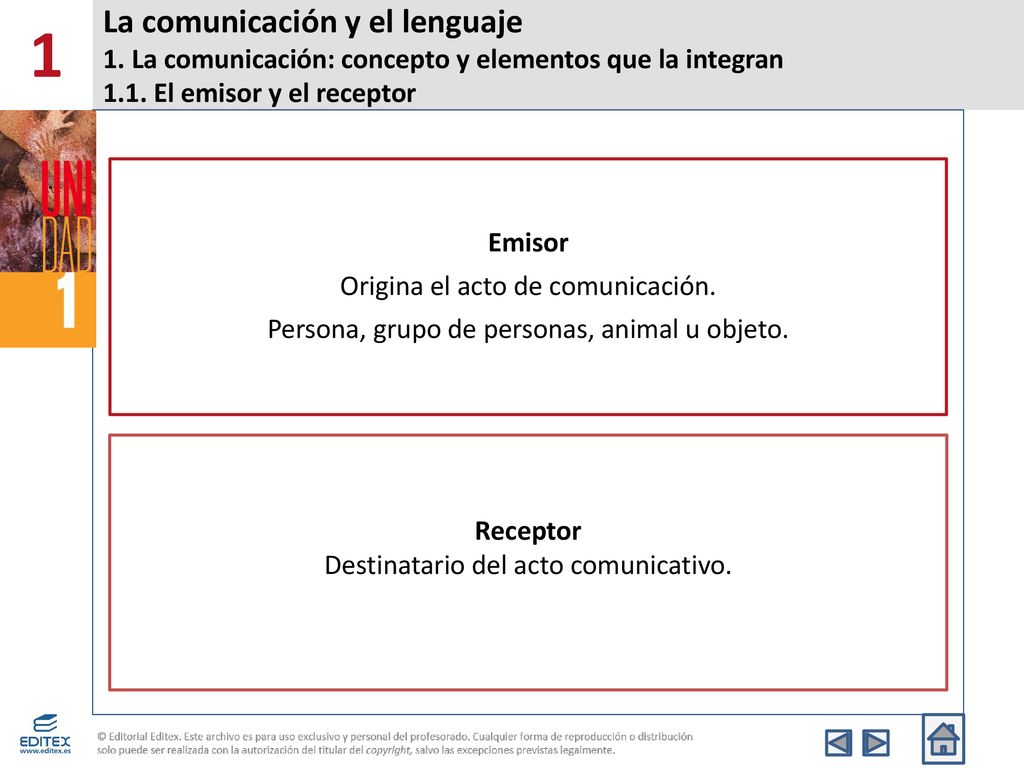 1 La comunicación y el lenguaje 1. La comunicación: concepto y elementos que la integran 1.1. El emisor y el receptor.