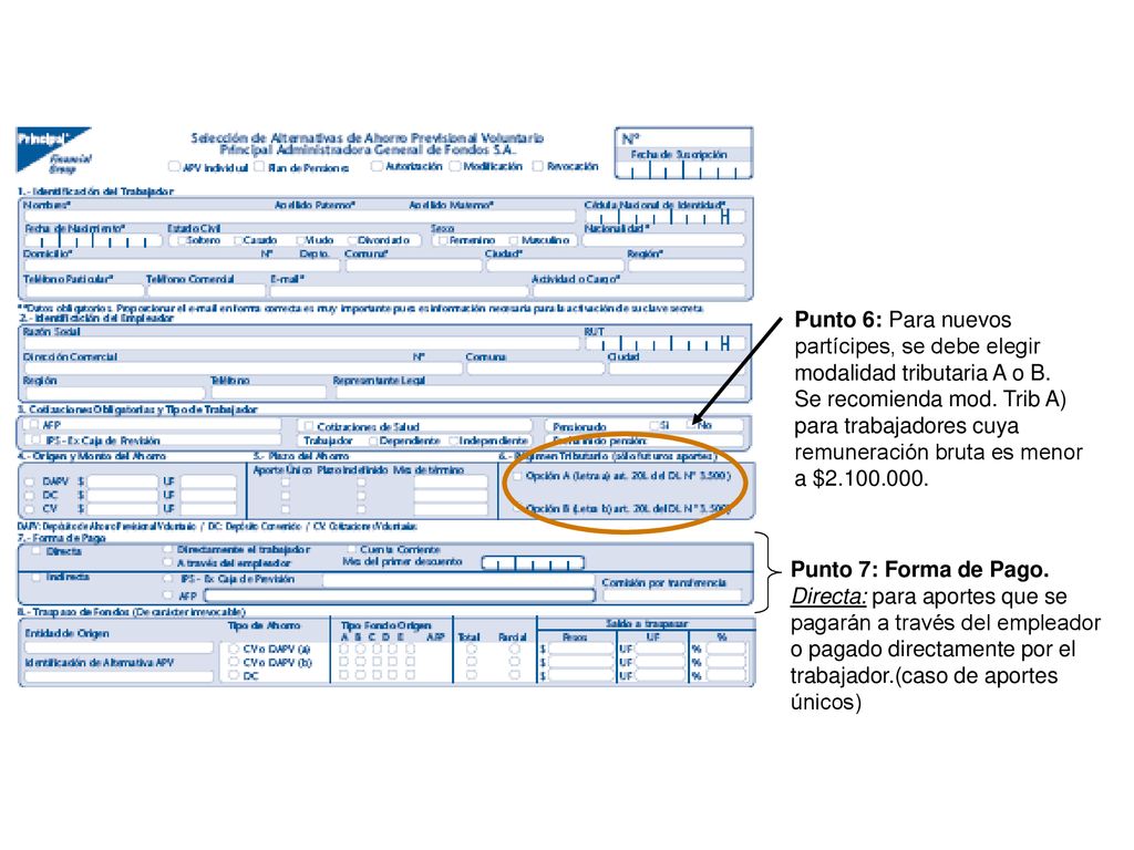 Punto 6: Para nuevos partícipes, se debe elegir modalidad tributaria A o B.