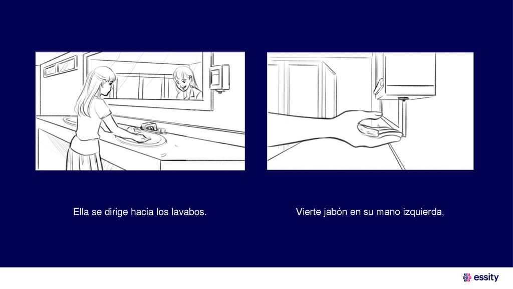 Ella se dirige hacia los lavabos. Vierte jabón en su mano izquierda,