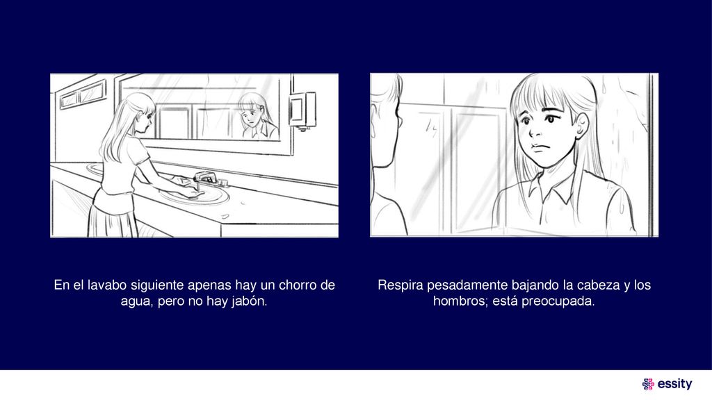 Respira pesadamente bajando la cabeza y los hombros; está preocupada.