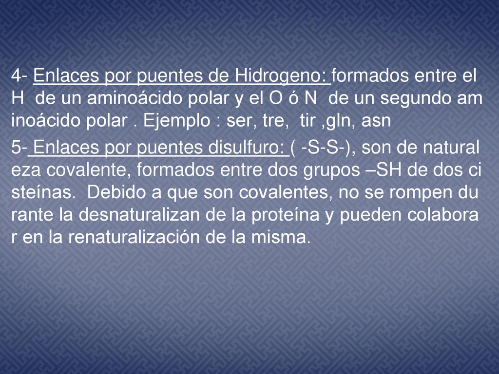 4- Enlaces por puentes de Hidrogeno: formados entre el H de un aminoácido polar y el O ó N de un segundo aminoácido polar .